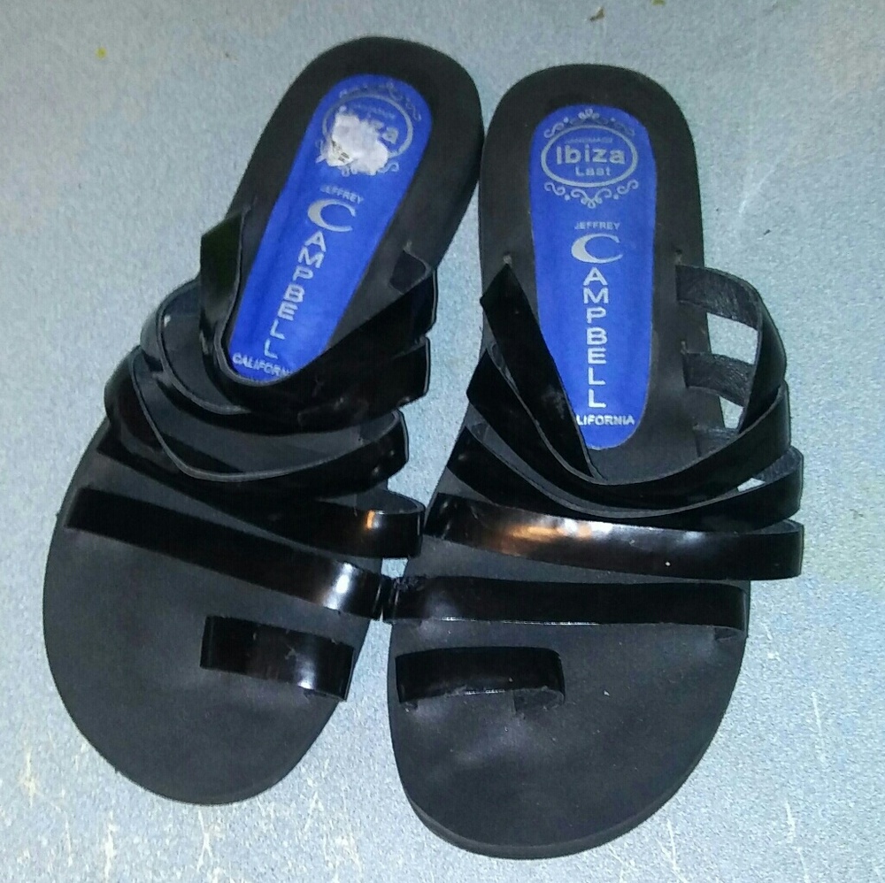 Jeffrey Campbell Black Patent Strappy Slides. 7.5